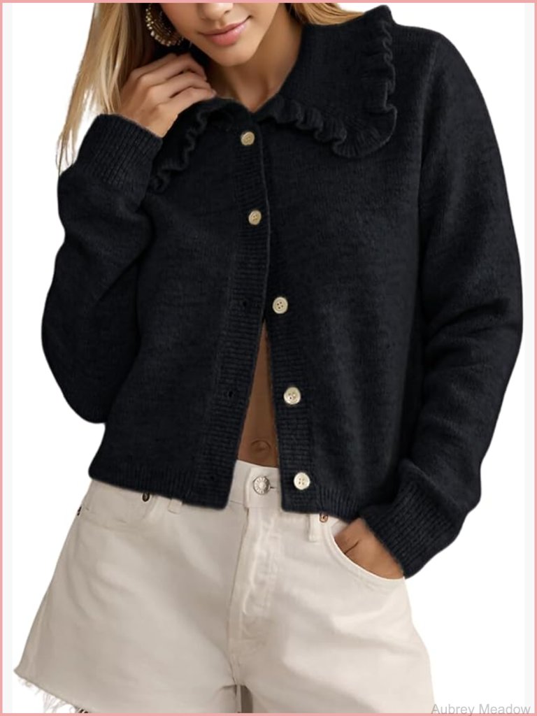 Y2k Ruffled Collar Crop Cardigan Long Sleeve Button Down Knit Sweater